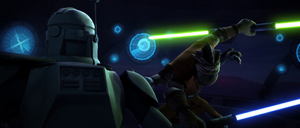 Pong Krell resists Rex's attempt to arrest him at the Umbaran airbase command center.