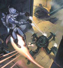 Rex fights an A-DSD advanced dwarf spider droid.
