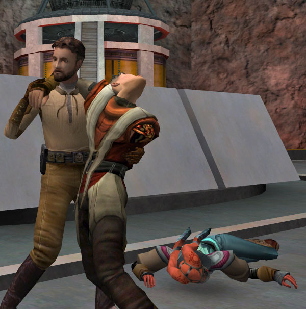 Kyle Katarn takes care of an injured Penin after Korr defeated Alora