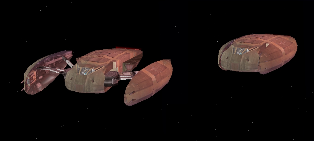 One Scarab in normal flight mode and one in combat mode