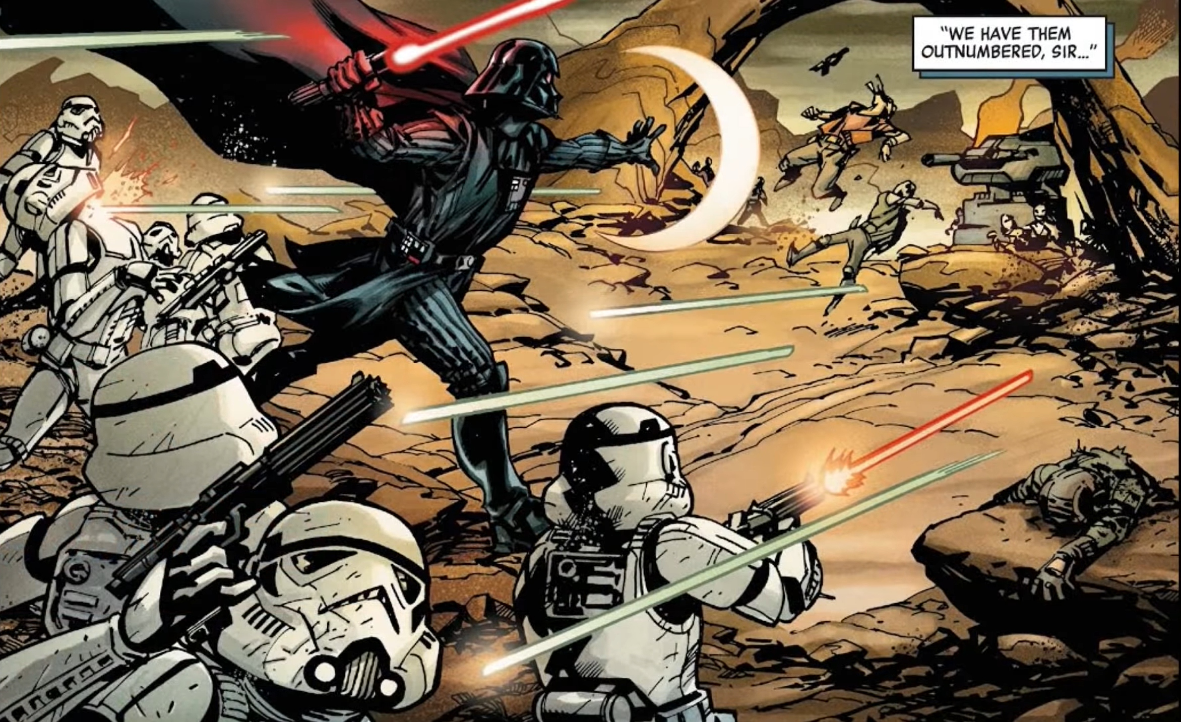 Darth Vader leads Imperial stormtroopers from the front against the Phelzepham insurgents.