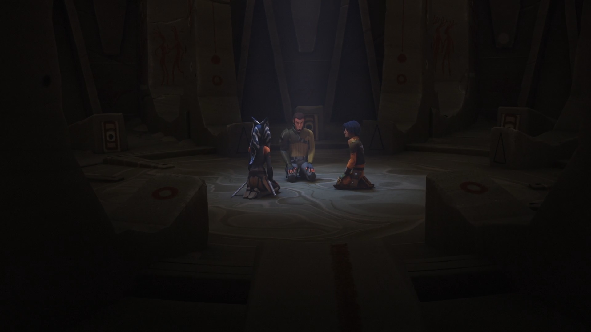 Ahsoka, Kanan, and Ezra meditating inside the temple