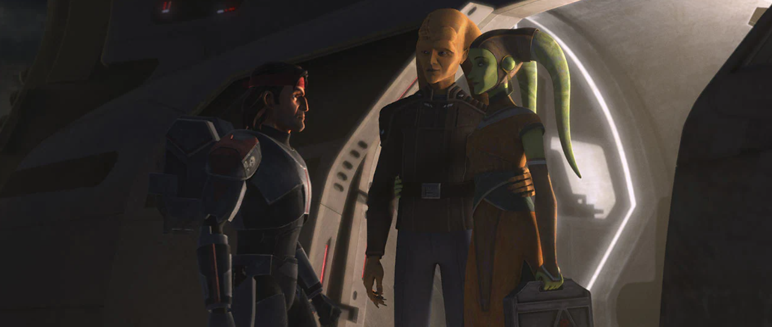 Hunter speaks to Cham and Eleni before leaving Ryloth.