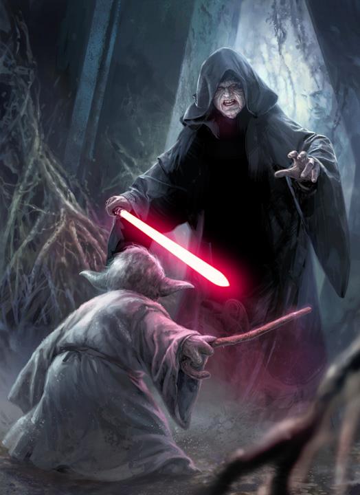 Yoda confronts the dark spirit taking the form of Darth Sidious in the cave