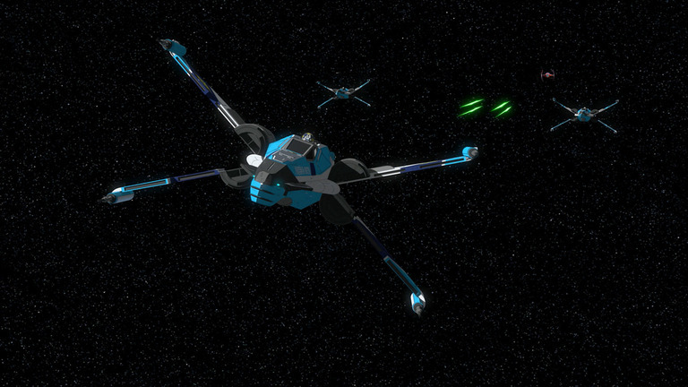 New Republic X-wings pursued by a First Order TIE/ba interceptor.