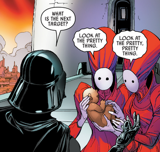 Darth Vader consegna tramite l'uso della Forza la figlia di Eeth Koth a due bambinaie