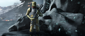 Bossk on Vanqor with the crashed Star Destroyer Endurance in the background.