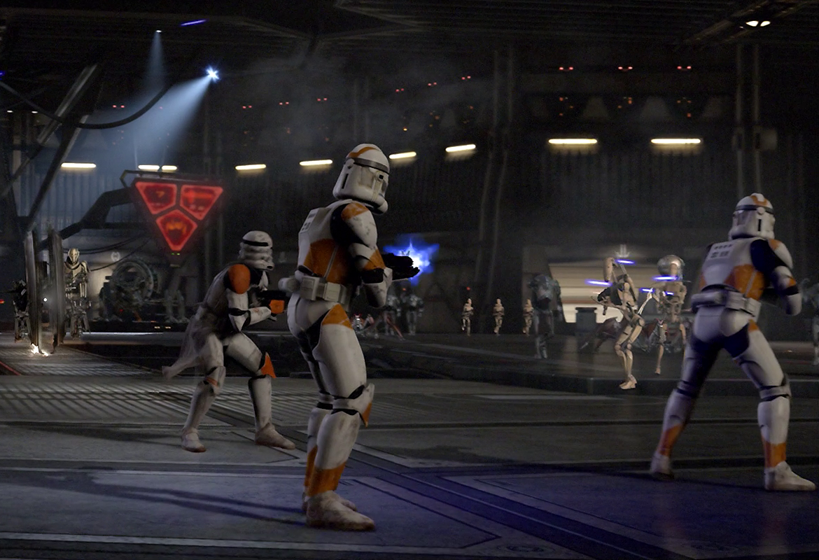 Clone troopers fighting the droid army after their arrival.