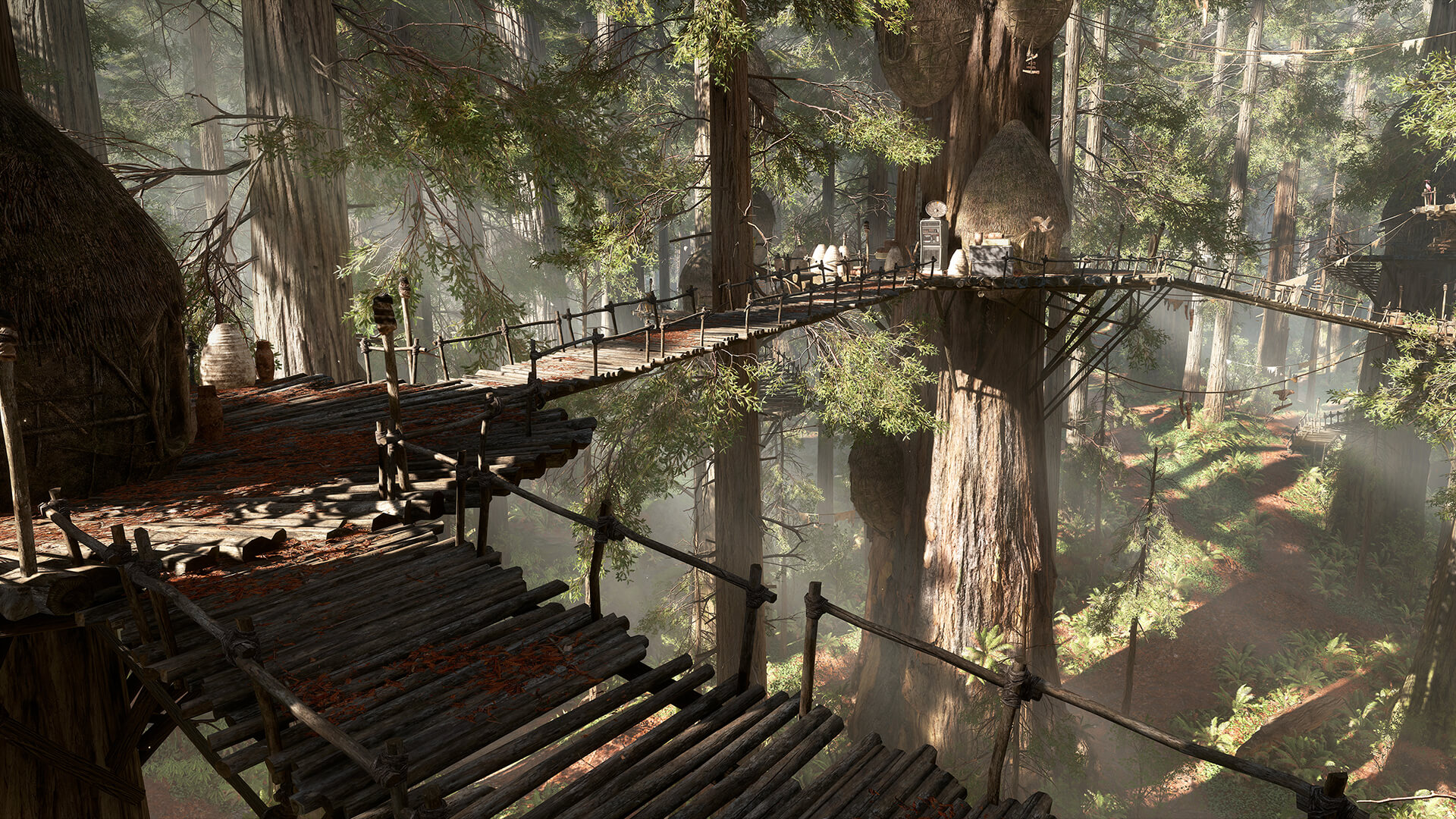 An Ewok village during the Battle of Endor, with Alliance-borrowed uplink stations in the walkways