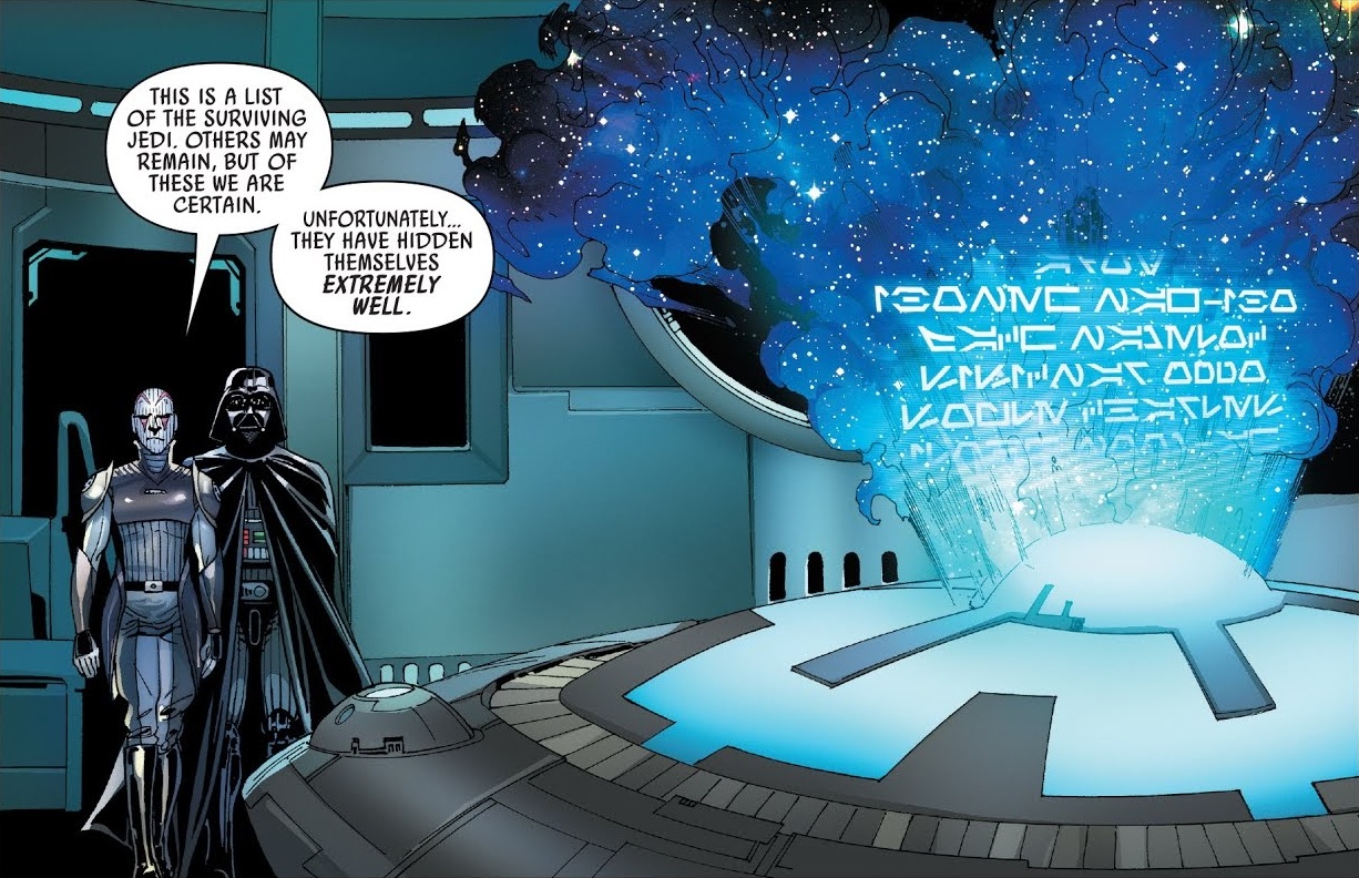 The Grand Inquisitor and Darth Vader peruse a list of confirmed Jedi survivors, including Rancisis.