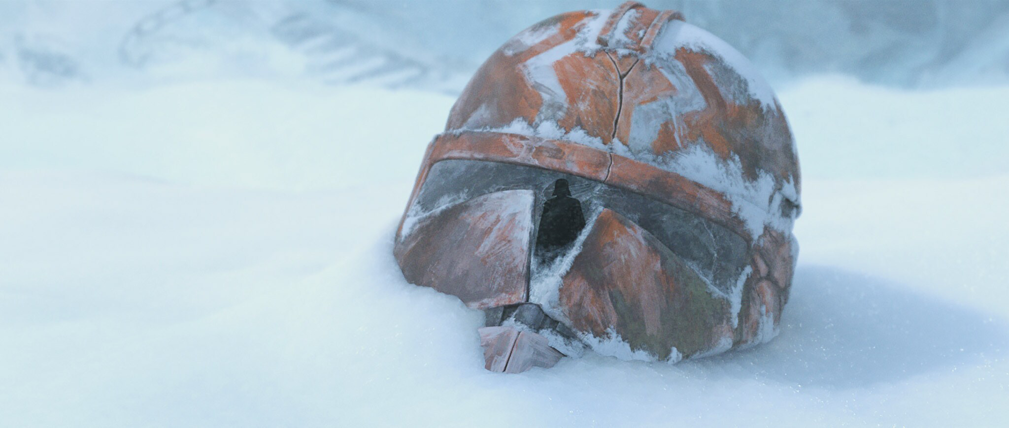 Darth Vader is reflected in the visor of a division trooper, years after the clones' death.