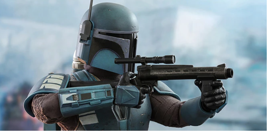 The Mandalorian wielded a blaster and wore blue armor.