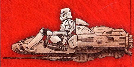 A stormtrooper riding a Y-64 Swift 3 Repulsorlift Sled