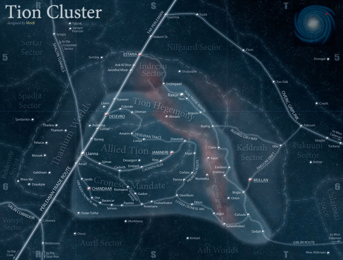 Jedi on Falang Minor, in the Thanium Worlds (left), watched the Tion Cluster (highlighted sectors in the center).