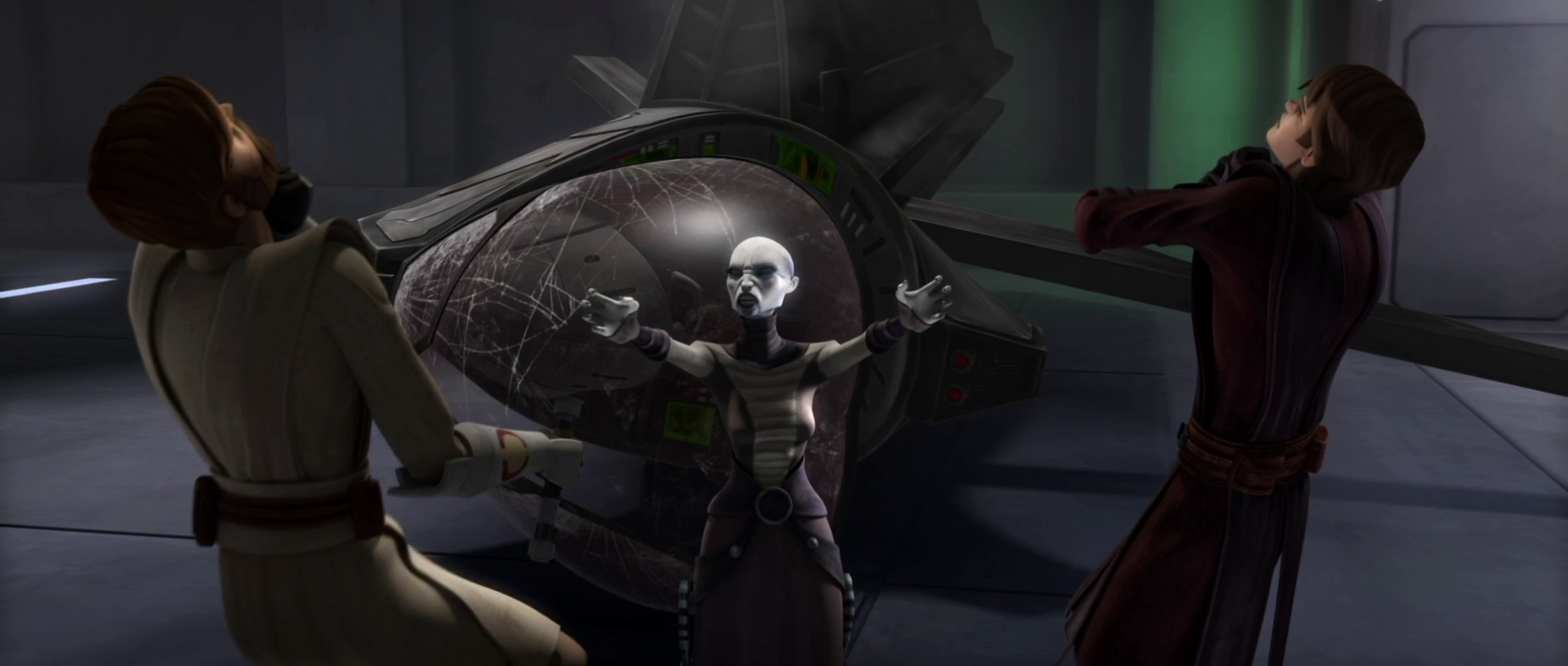 Asajj Ventress Force choking both Obi-Wan Kenobi and Anakin Skywalker.