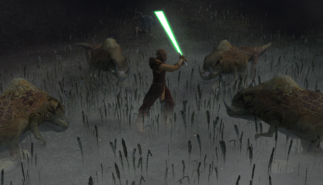 Bindo defends himself from a pack of Katarns.