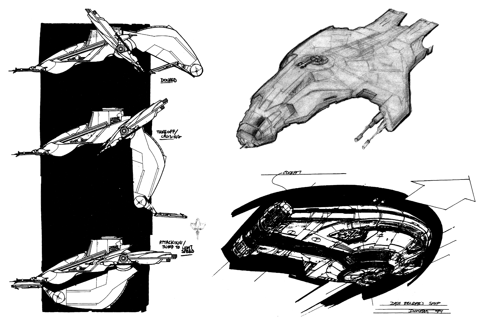 Early concept art of the YT-2400 light freighter the Outrider by Kilian Plunkett (left), Jon Knoles (top right), and final concept art by Doug Chiang (bottom right)