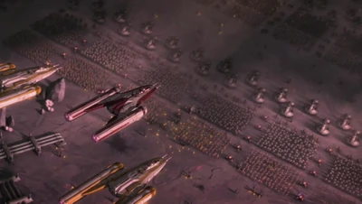 Esempio di schieramento di una forza d'attacco  separatista, si vede chiaramente che gli AAT sono disposti a scacchiera alle spalle delle unità di fanteria con evidenti funzioni di supporto di fuoco