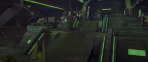 Asajj Ventress and the Jedi storm the bridge of Dooku's Providence-class Dreadnought to rescue Quinlan Vos (the bridge of the warship, pictured).