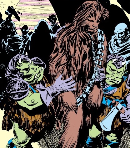 Ortugg and Rogua escorting Chewbacca out of Jabba's throne room