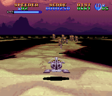 A screenshot of the 3D Mode 7 sequence of the game where the player pilots a landspeeder to Jabba's Palace in the first level.