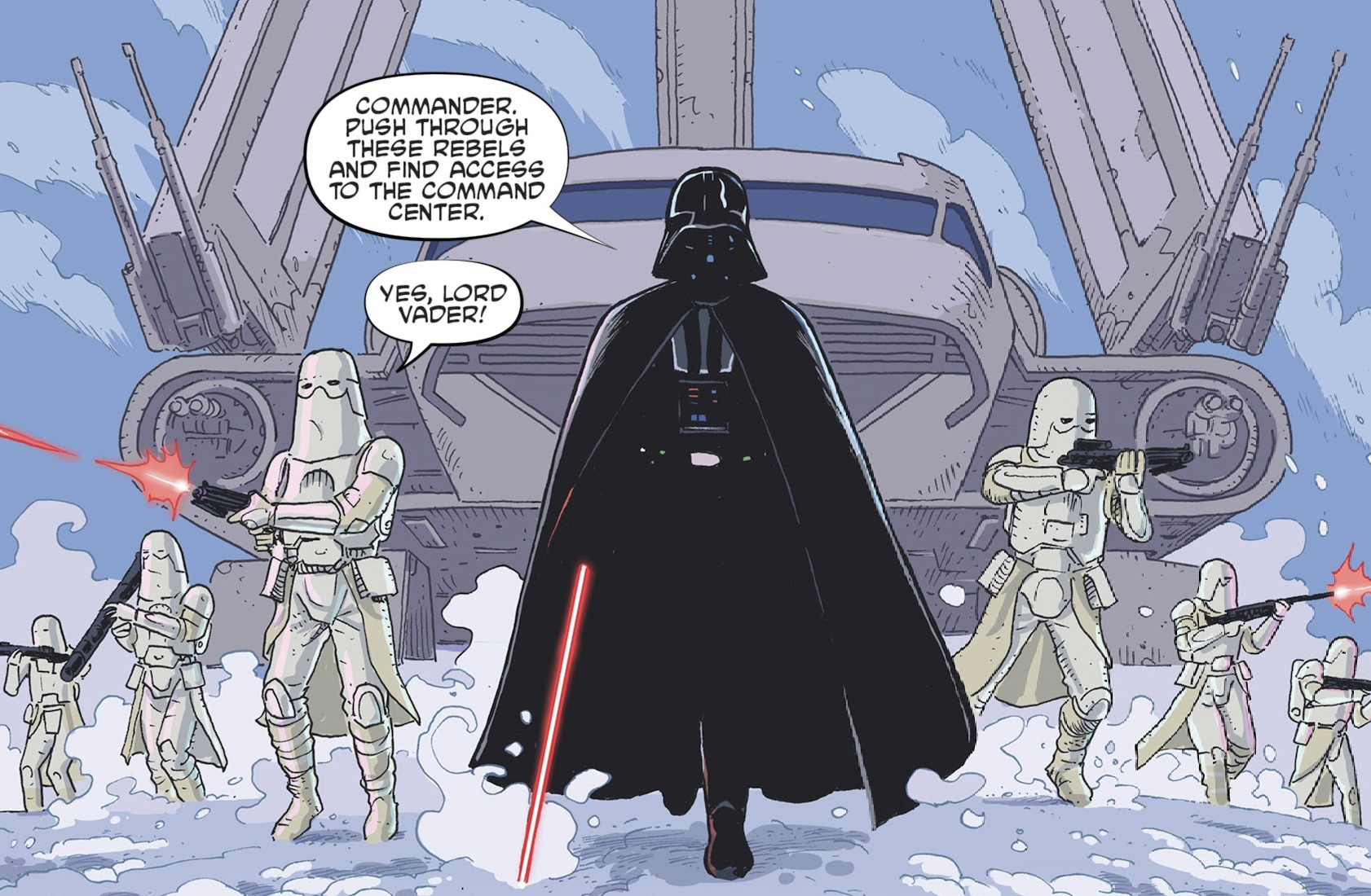 Darth Vader and Stormtrooper Commanders leading their fellow snowtroopers on Hoth