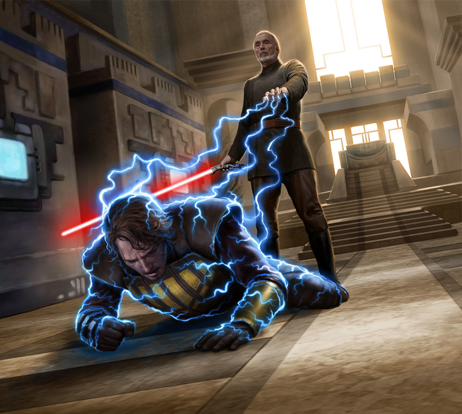 Dooku blasts Skywalker with Force lightning