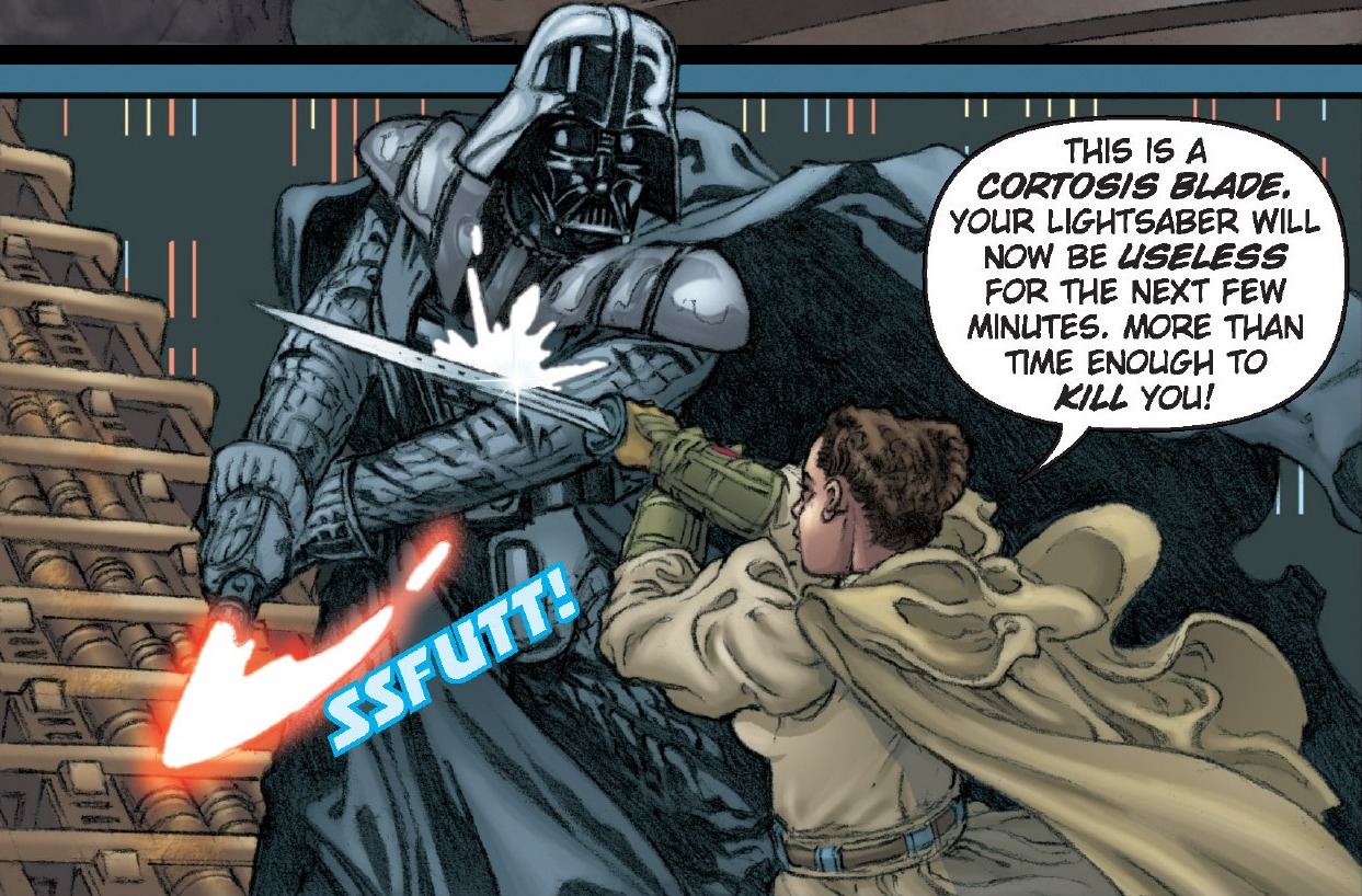 Shadday Potkin's using her cortosis blade to disable Darth Vader's lightsaber, just prior to her death.