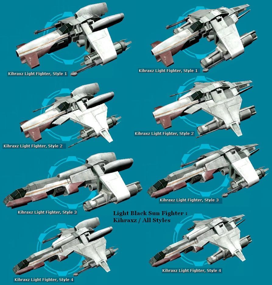 Several popular variants of the Kihraxz assault fighter.