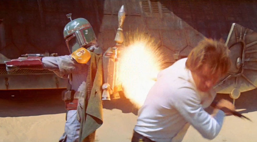 Fett and Solo during the battle at the sarlacc pit.