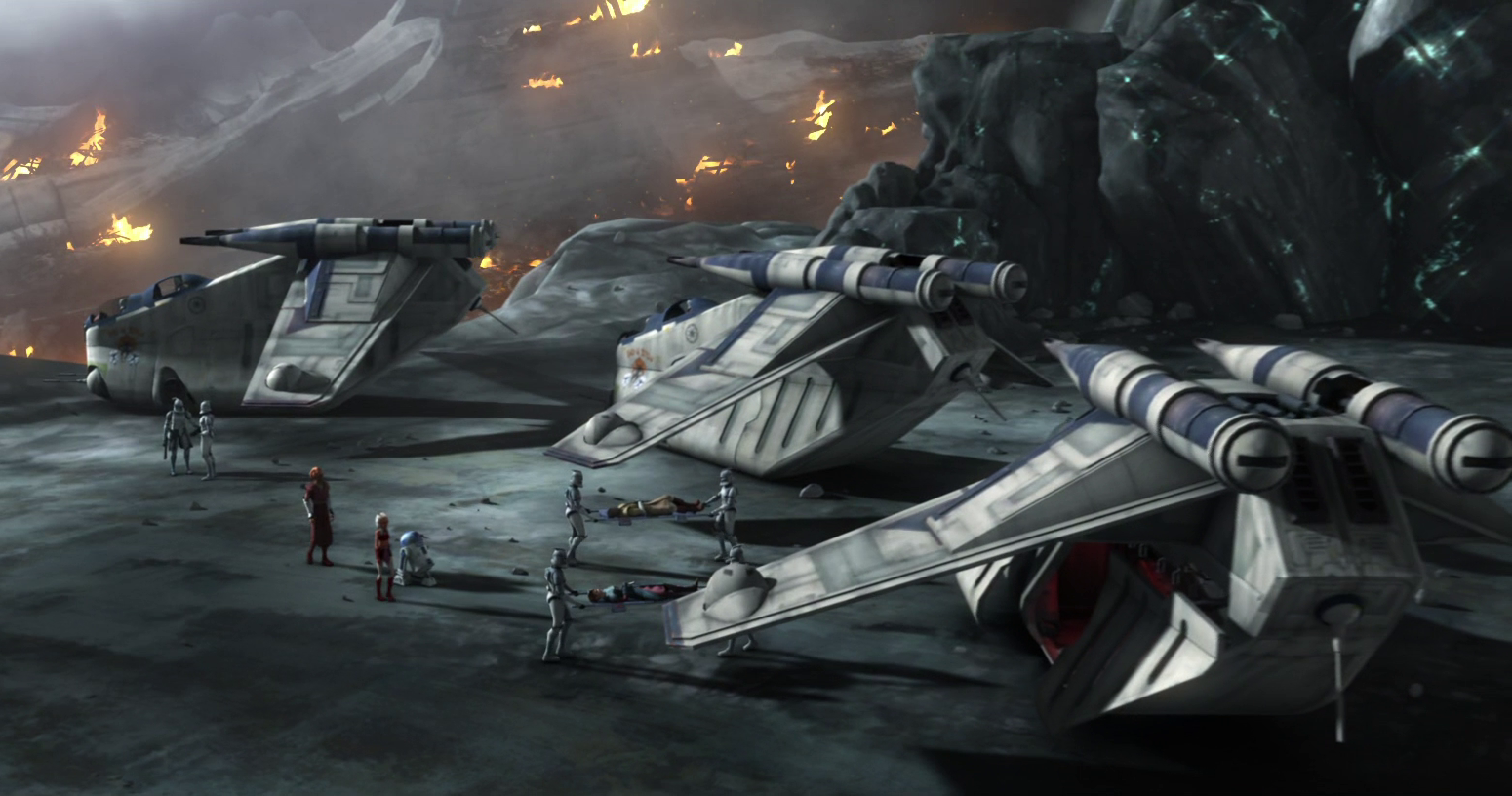 The Wolfpack traveled on gunships to Vanqor to rescue Jedi Generals Mace Windu and Anakin Skywalker.