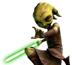 Zatt's lightsaber emitted a green blade