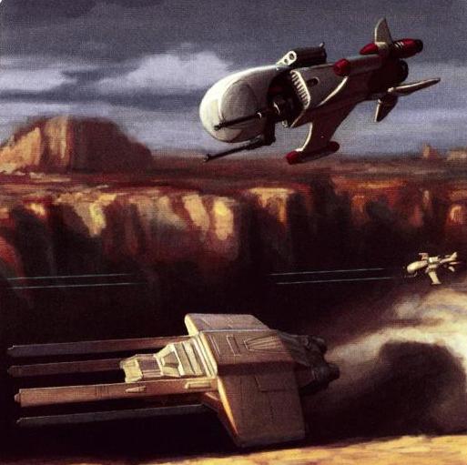 An AEG-77 Vigo under attack by a pair of IRD-A starfighters