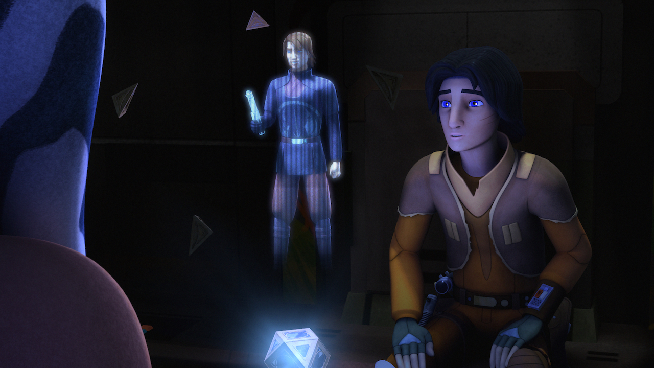 Ahsoka and Ezra watch a holographic recording of Anakin Skywalker teaching lightsaber combat.