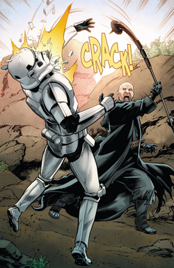 Fett using his gaderffii against a stormtrooper.