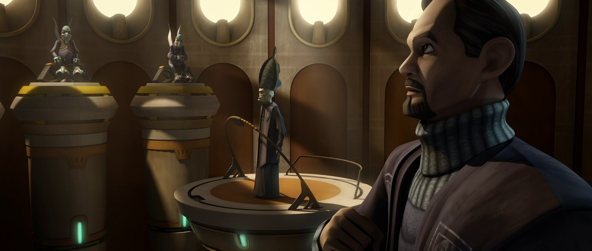 Organa watches Lott Dod present his case against sending aid to Ryloth before the Toydarian council.