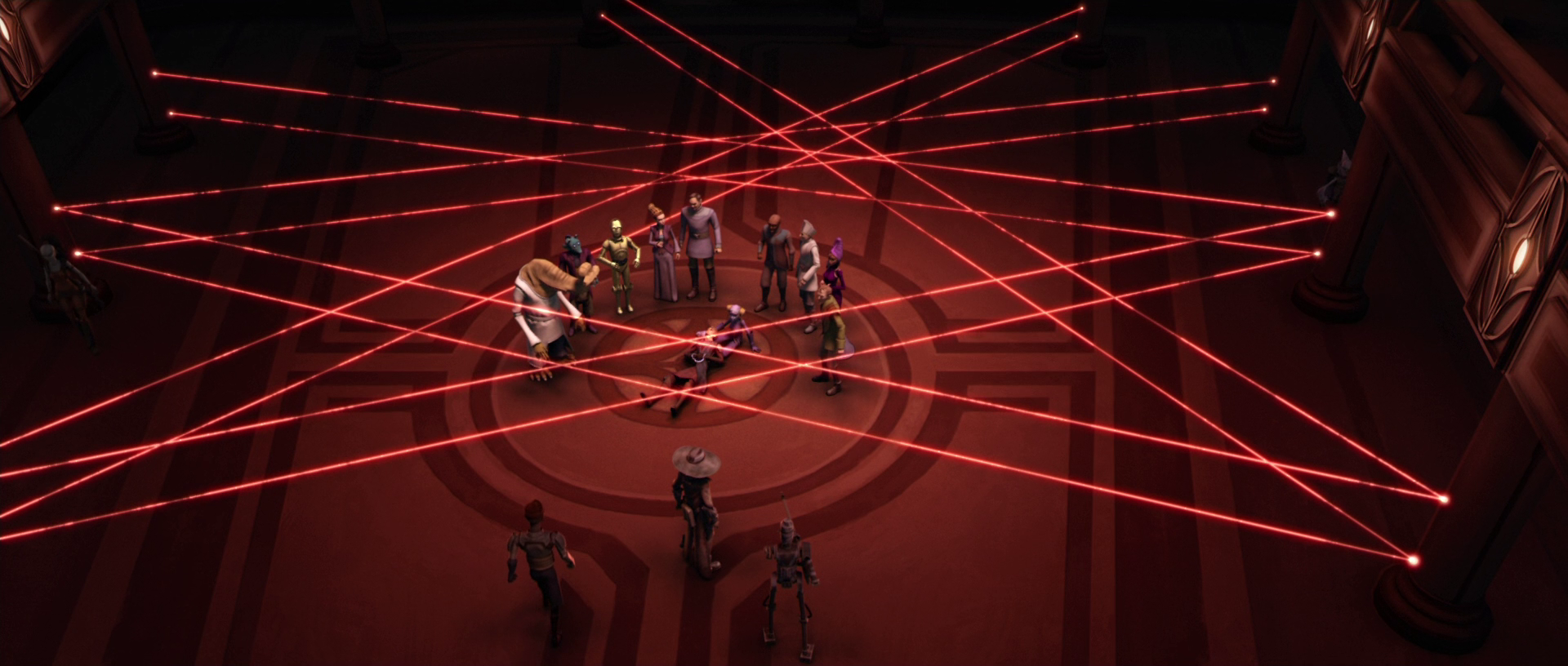 Skywalker and the senators are left trapped within a laser-triggered bomb trap.