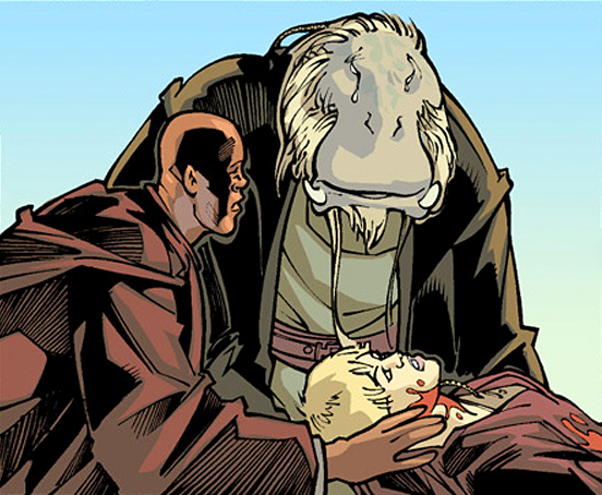 Twoseas' corpse is cradled by her Padawan, K'Kruhk and Master Mace Windu.