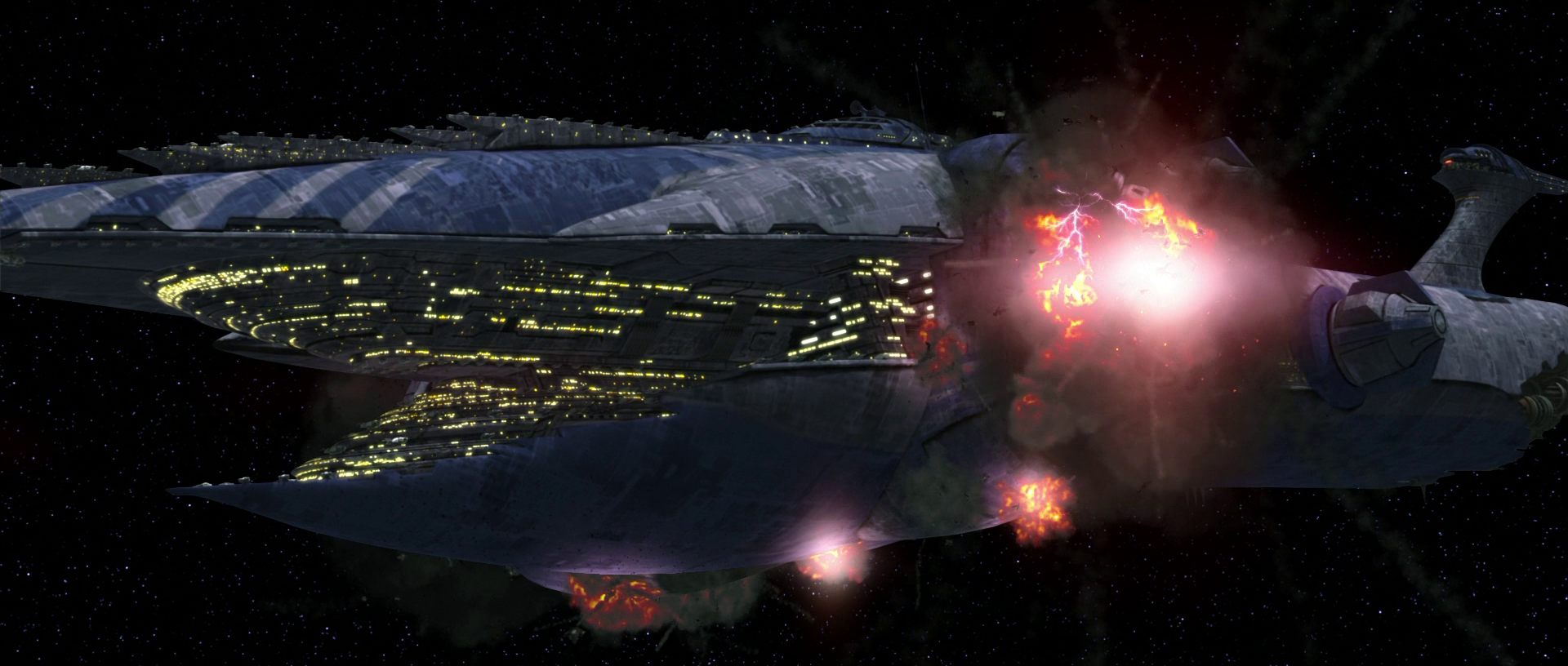 The Malevolence's ion cannon overloads after being torpedoed by Skywalker and Shadow Squadron