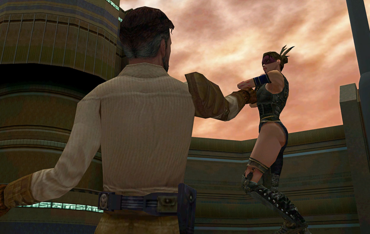 Kyle Katarn using Force Grip against Tavion Axmis over a chasm of Bespin