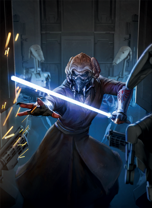 Jedi General Plo Koon battles a group of B1 battle droids.