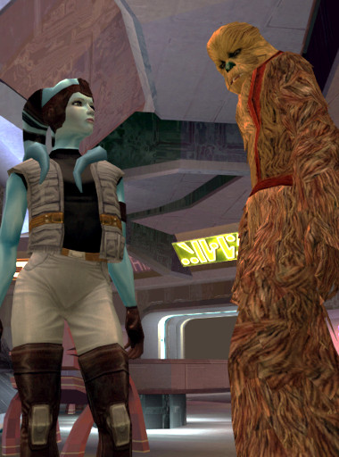 Mission Vao and Zaalbar in Javyar's Cantina.