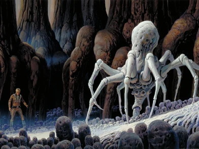 Luke affronta il Ragno Bianco Nodoso in un concept art di Ralph McQuarrie per il film "L'Impero Colpise Ancora".