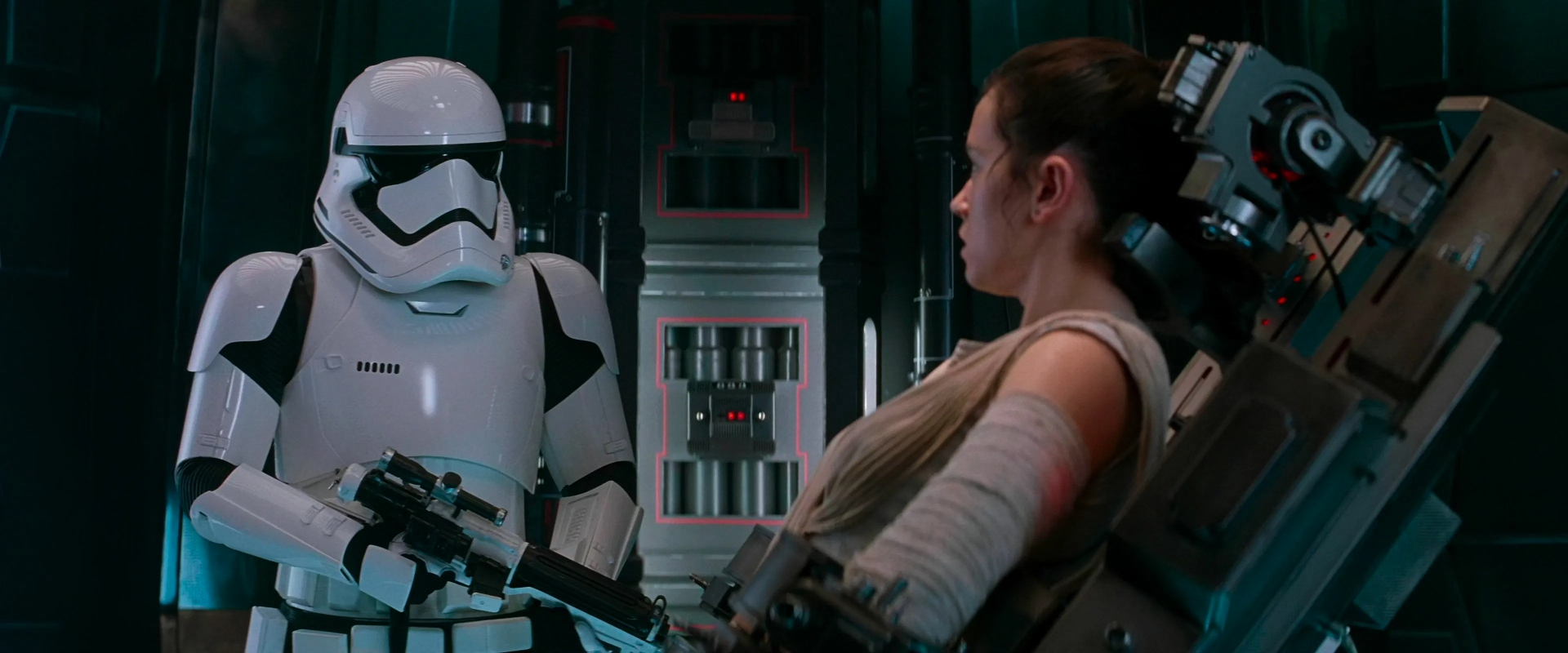 Rey uses a mind trick on a stormtrooper to aid her escape.