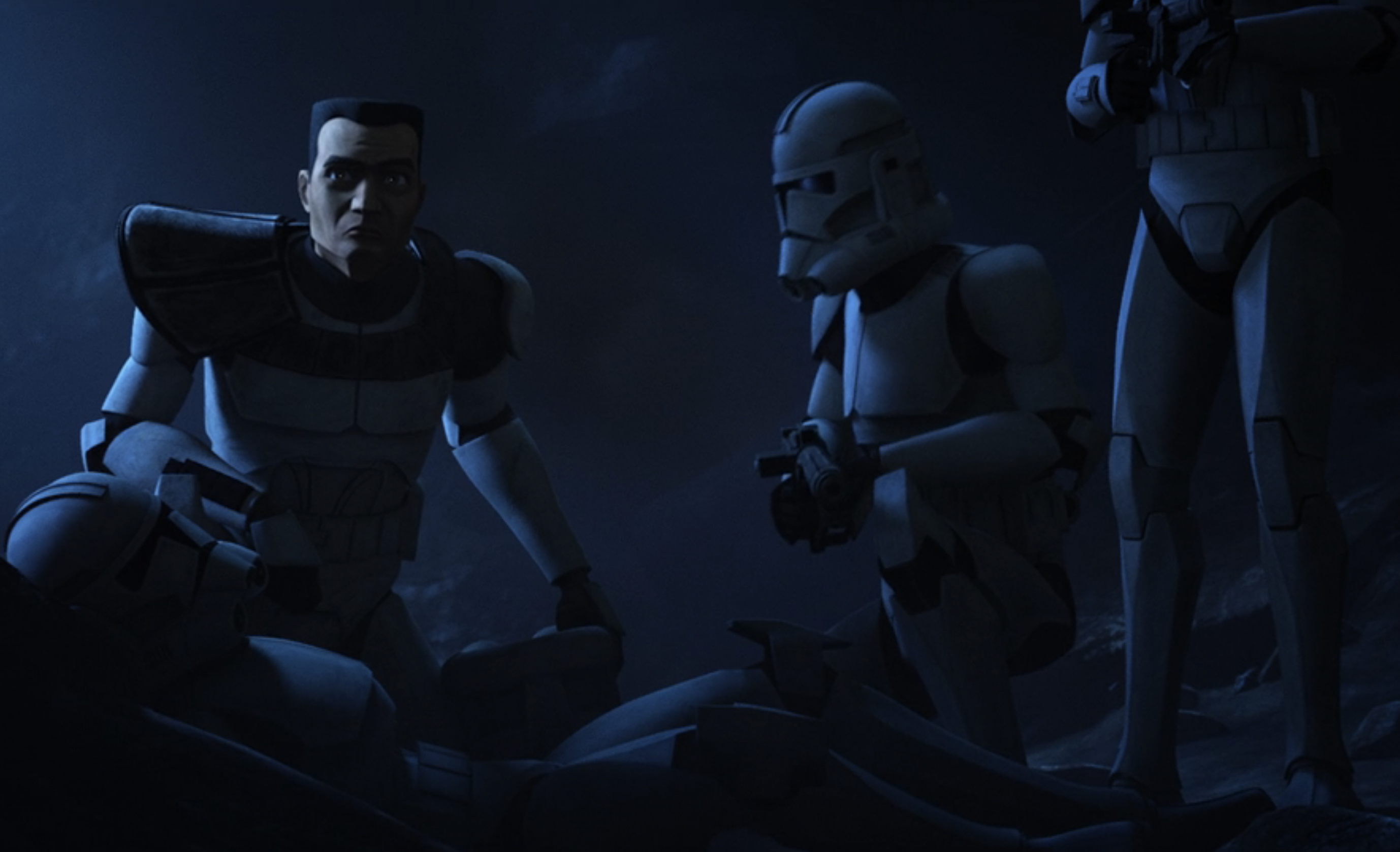 Captain Wilco is briefed while attending to one of his troopers.