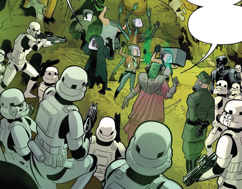 Stormtroopers surround Glahst Ombra and the other mercenaries.