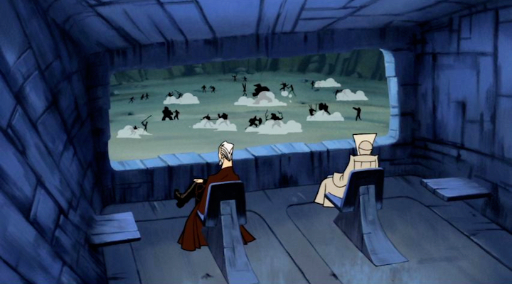 Dooku and his guide watch as the gladiatorial battles rage below.