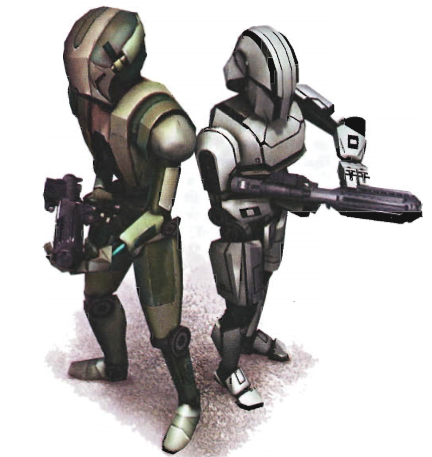 An HK-50 Assassin Droid (left) and a Kellenech Sentinel Droid (right) prepare their upgraded weapons.