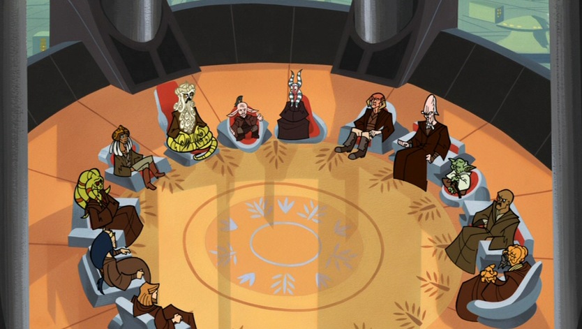 The Jedi High Council discussing the Knighthood of Anakin Skywalker. Initially placed after the Battle of Hypori, this event was moved to occur after the Mission to Vjun as to not contradict the novel Jedi Trial.