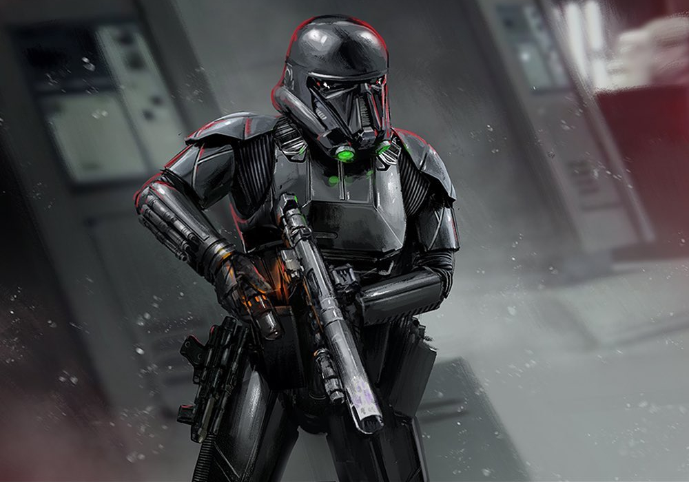 A death trooper carrying a E-11D with grenade launcher configuraton.